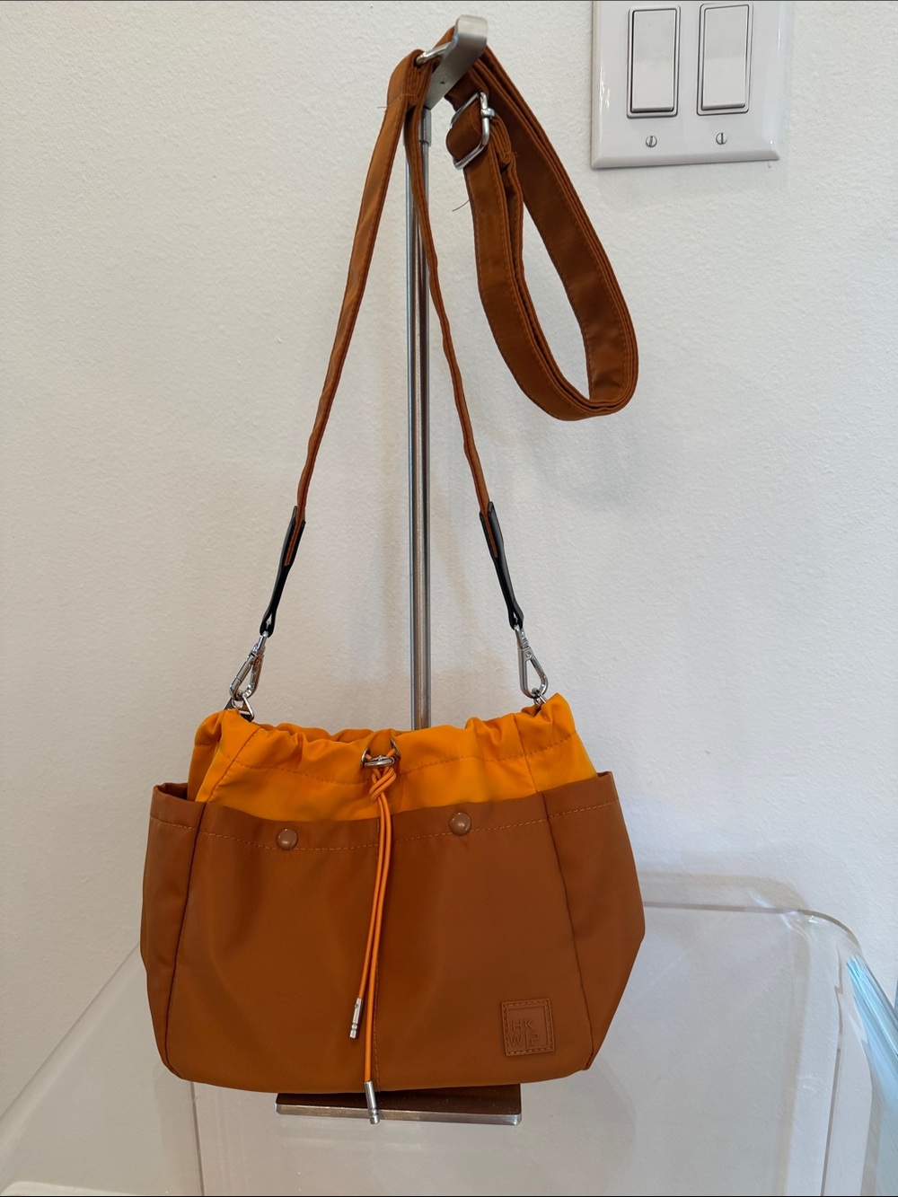 Casual Drawstring Nylon Shoulder Bag in Rust and Orange